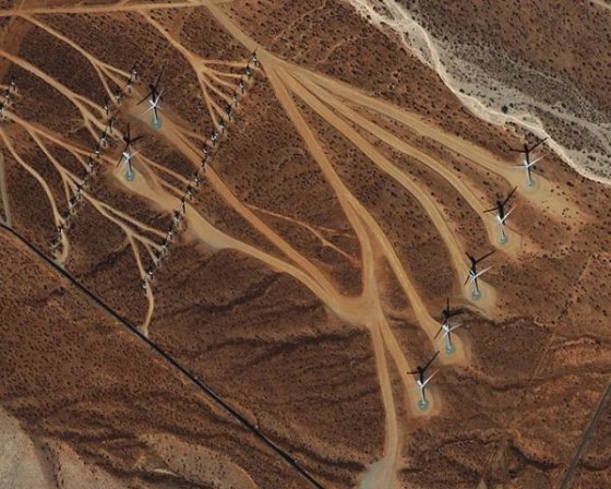 Wind turbines cutting across the San Gorgonio Pass.